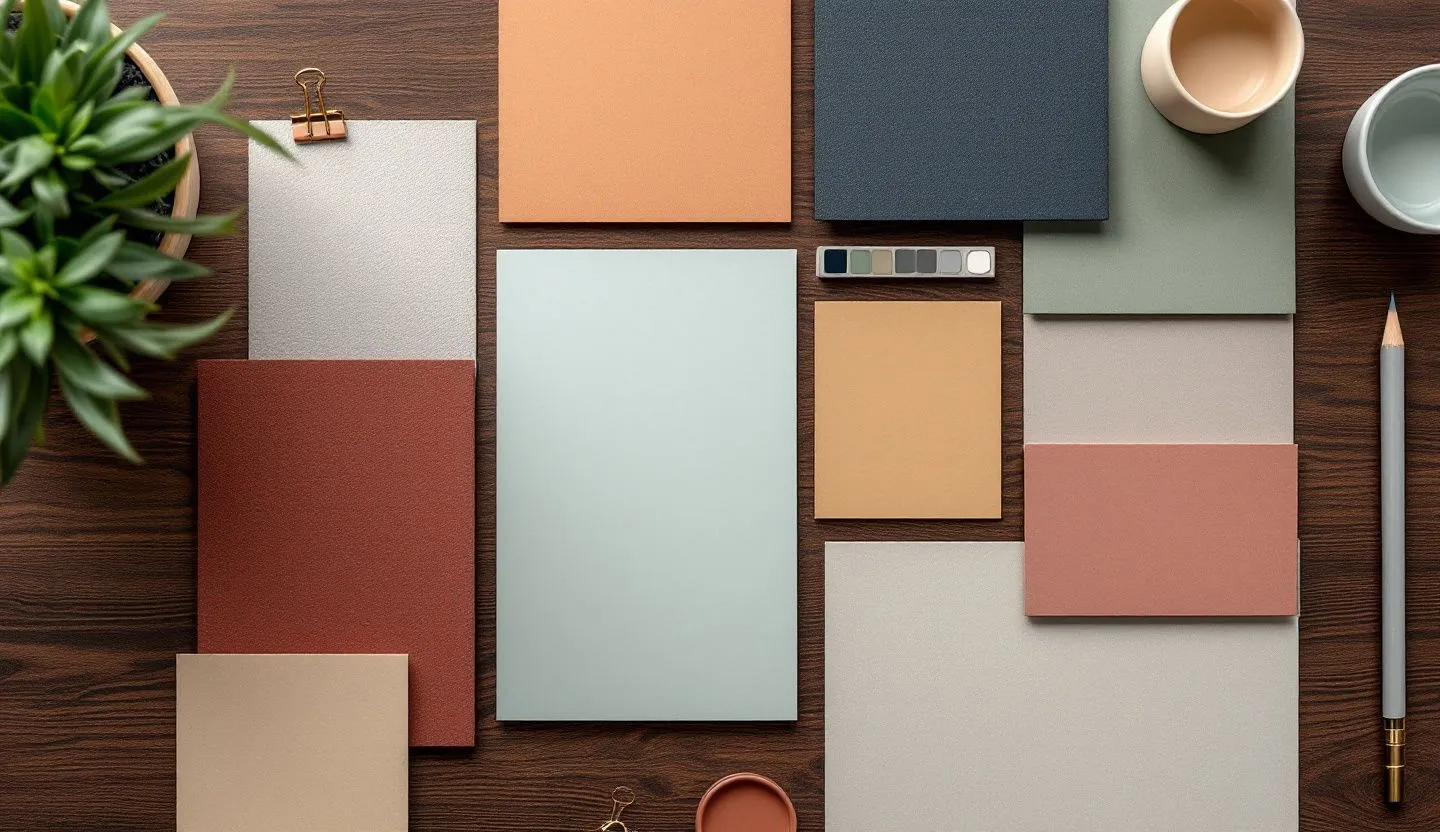 Overhead or angled tabletop composition: flat lay of style tiles, color cards, and paper mockups arranged in a tidy grid. Editorial photography, cinematic lighting in a modern professional workspace. Do not show split screens, clutter, text, UI elements, logos, graphs, or charts. Avoid cartoonish effects.