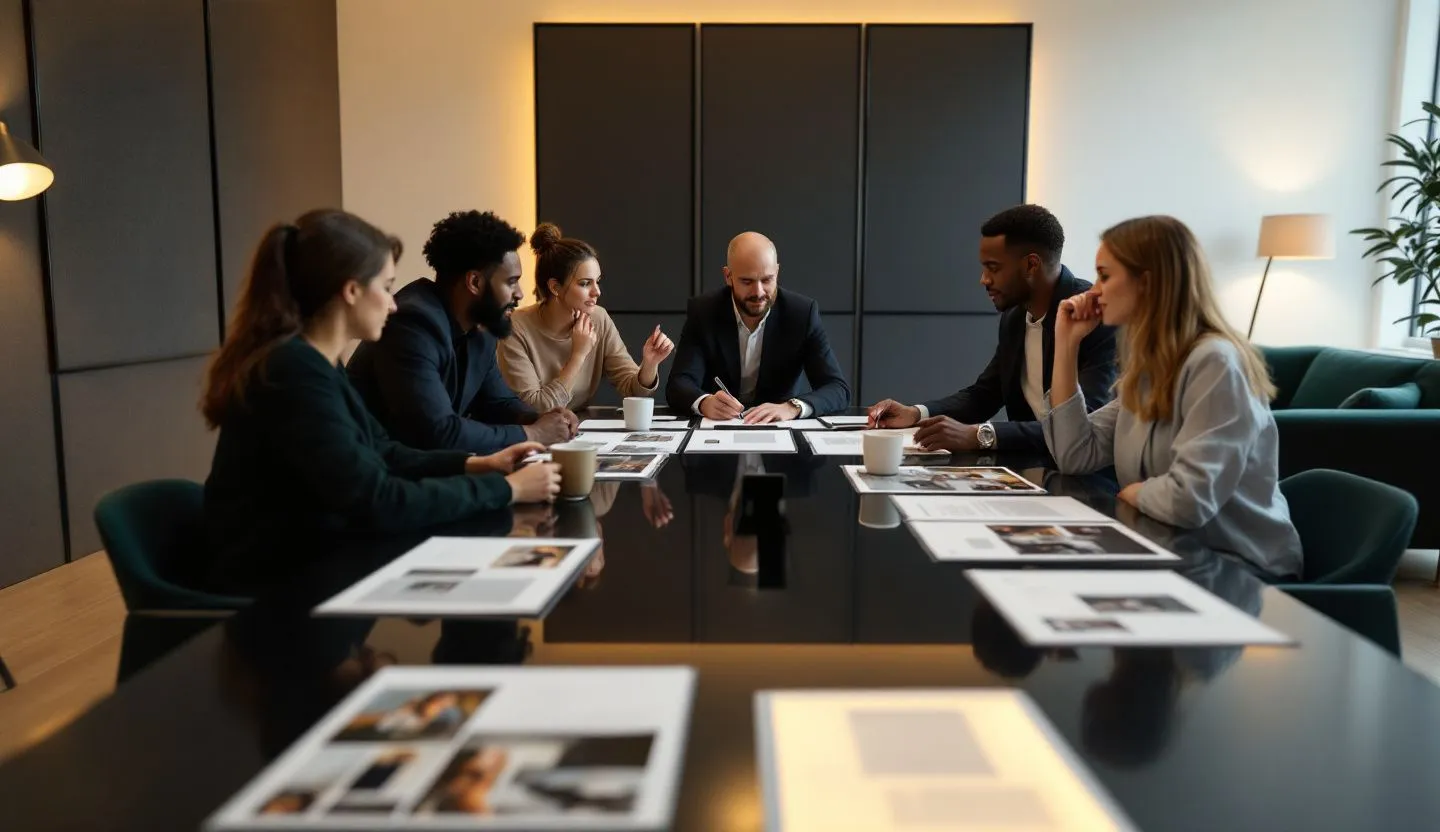 Wide or angled team perspective: print team reviewing magazine spreads with text blocks replaced by clean rectangles. Editorial photography, cinematic lighting in a modern professional workspace. Do not show split screens, clutter, text, UI elements, logos, graphs, or charts. Avoid cartoonish effects.