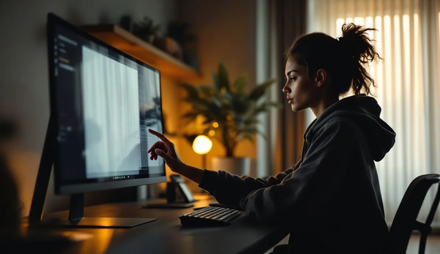 Over-the-shoulder or side-profile: side-profile of a layout artist nudging grid guides on a large monitor angled off-camera. Editorial photography, cinematic lighting in a modern professional workspace. Do not show split screens, clutter, text, UI elements, logos, graphs, or charts. Avoid cartoonish effects.