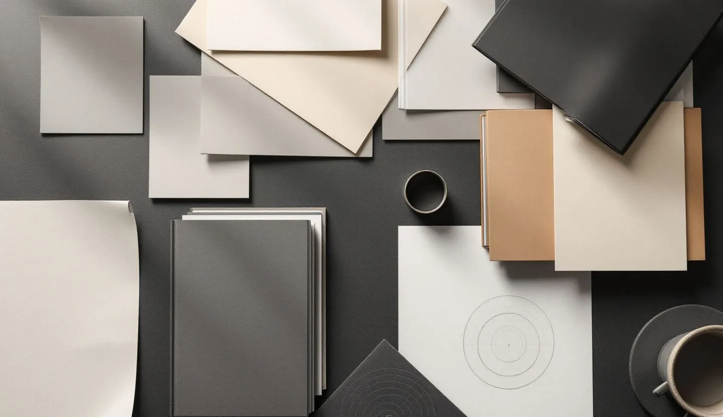 Overhead or angled tabletop composition: top-down of spread dummies, registration targets without numerals, and paper swatches. Editorial photography, cinematic lighting in a modern professional workspace. Do not show split screens, clutter, text, UI elements, logos, graphs, or charts. Avoid cartoonish effects.