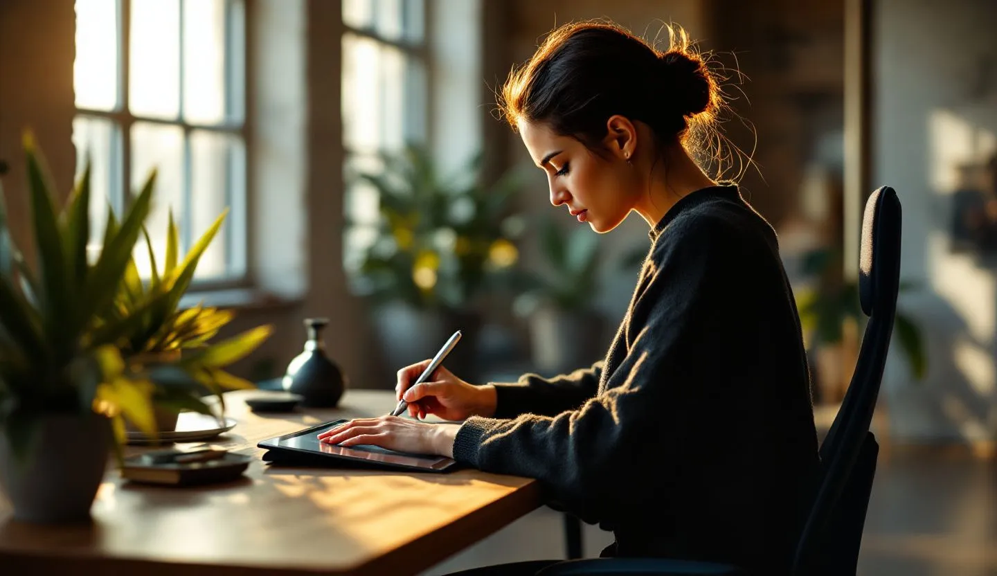 Over-the-shoulder or side-profile: side-profile of a designer sketching interaction states on a tablet with a stylus. Editorial photography, cinematic lighting in a modern professional workspace. Do not show split screens, clutter, text, UI elements, logos, graphs, or charts. Avoid cartoonish effects.