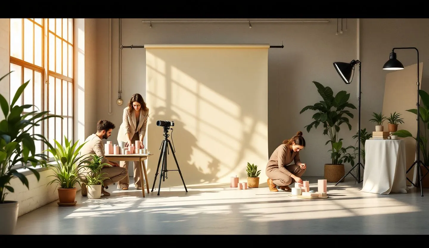 Wide or angled team perspective: marketing team styling a photo set for a cohesive brand campaign in a daylight studio. Editorial photography, cinematic lighting in a modern professional workspace. Do not show split screens, clutter, text, UI elements, logos, graphs, or charts. Avoid cartoonish effects.