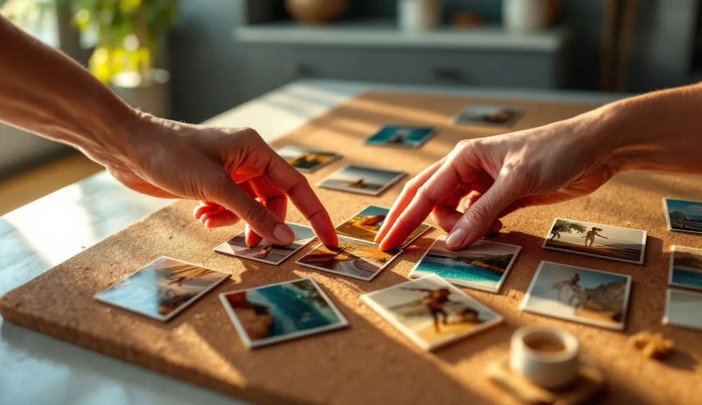 Close-up or macro detail: macro of hands arranging printed image tiles on a cork board for a consistent feed look. Editorial photography, cinematic lighting in a modern professional workspace. Do not show split screens, clutter, text, UI elements, logos, graphs, or charts. Avoid cartoonish effects.