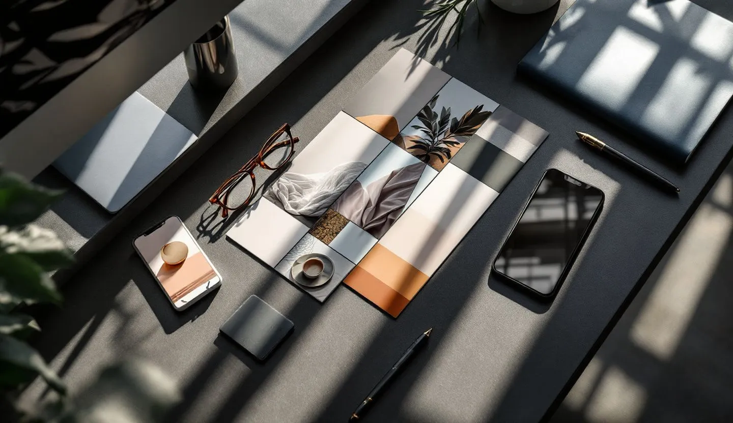 Overhead or angled tabletop composition: top-down of props, phones, and image tiles arranged as a clean content plan. Editorial photography, cinematic lighting in a modern professional workspace. Do not show split screens, clutter, text, UI elements, logos, graphs, or charts. Avoid cartoonish effects.
