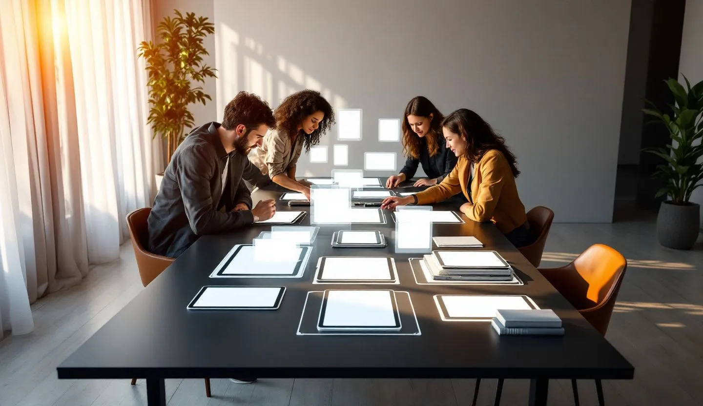 Wide or angled team perspective: product team around a table with device frames and grid overlays, collaborating on flows. Editorial photography, cinematic lighting in a modern professional workspace. Do not show split screens, clutter, text, UI elements, logos, graphs, or charts. Avoid cartoonish effects.