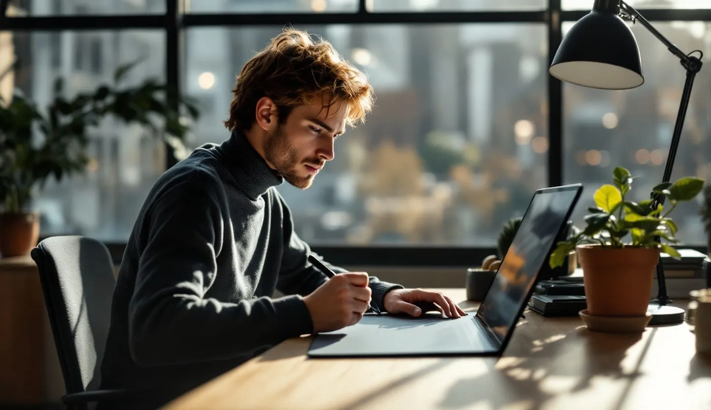 Over-the-shoulder or side-profile: side-profile of a designer sketching interaction states on a tablet with a stylus. Editorial photography, cinematic lighting in a modern professional workspace. Do not show split screens, clutter, text, UI elements, logos, graphs, or charts. Avoid cartoonish effects.