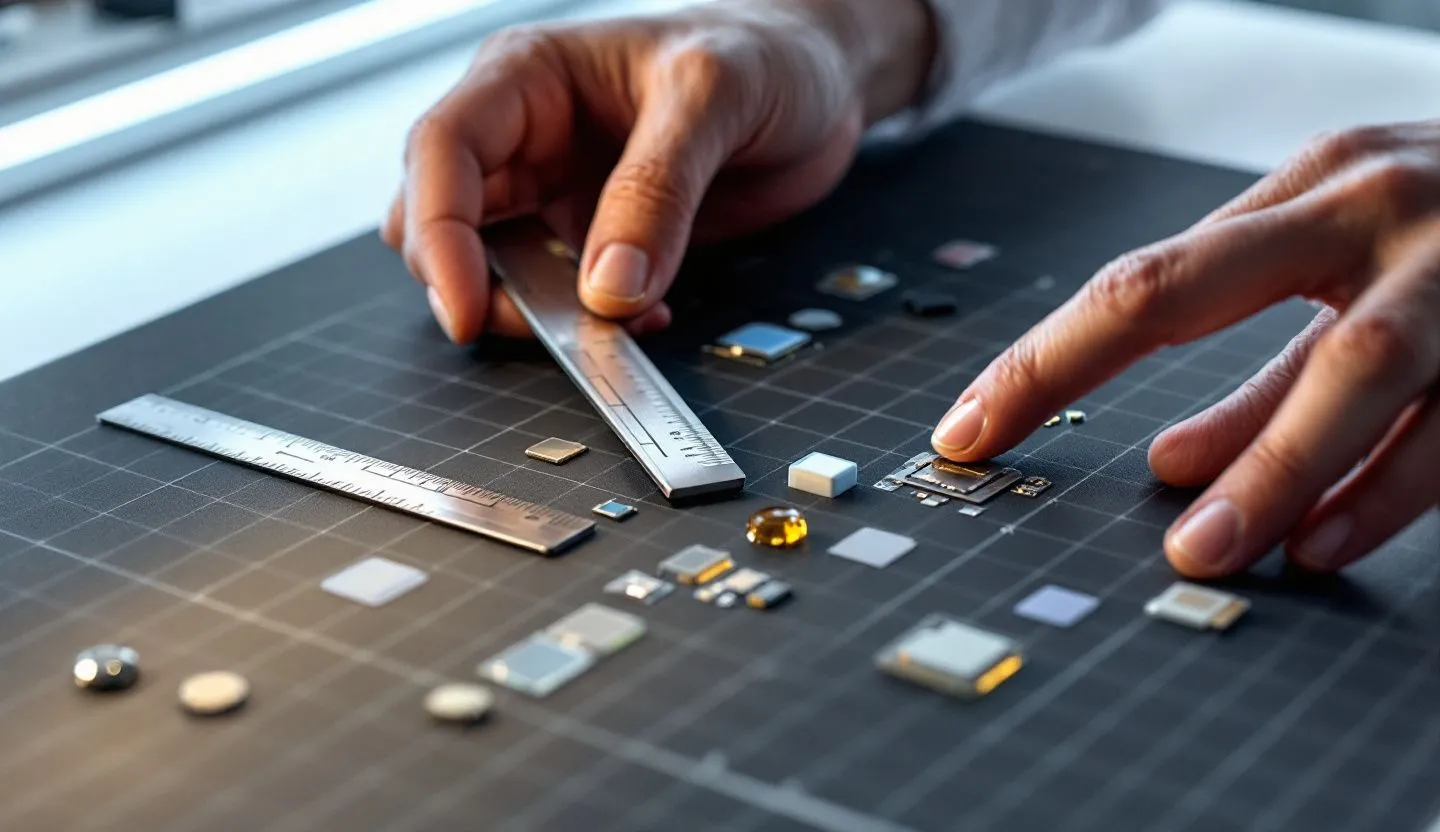 Close-up or macro detail: macro of hands moving component stickers and alignment rulers on a mat. Editorial photography, cinematic lighting in a modern professional workspace. Do not show split screens, clutter, text, UI elements, logos, graphs, or charts. Avoid cartoonish effects.