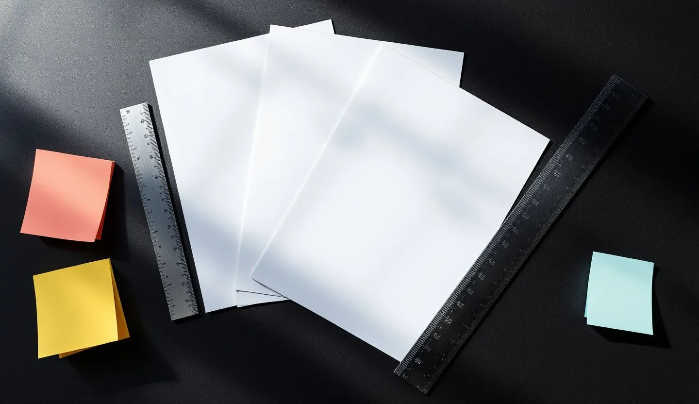 Overhead or angled tabletop composition: top-down of wireframe prints, blank sticky notes in soft colors, and a metal ruler. Editorial photography, cinematic lighting in a modern professional workspace. Do not show split screens, clutter, text, UI elements, logos, graphs, or charts. Avoid cartoonish effects.