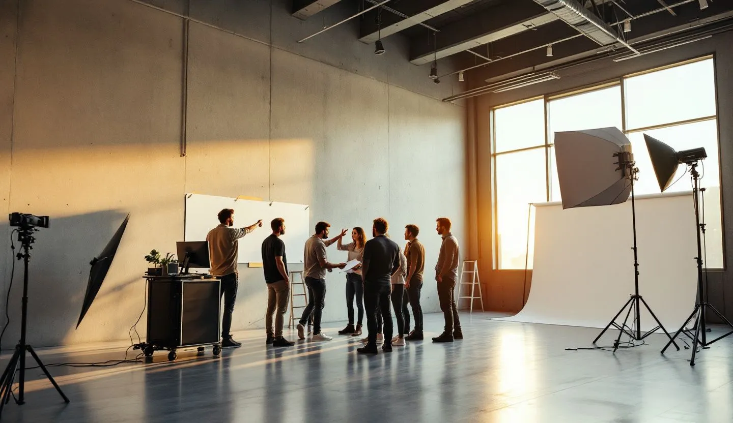 Wide or angled team perspective: small crew planning a brand video with lights and reflectors set in a minimal studio. Editorial photography, cinematic lighting in a modern professional workspace. Do not show split screens, clutter, text, UI elements, logos, graphs, or charts. Avoid cartoonish effects.