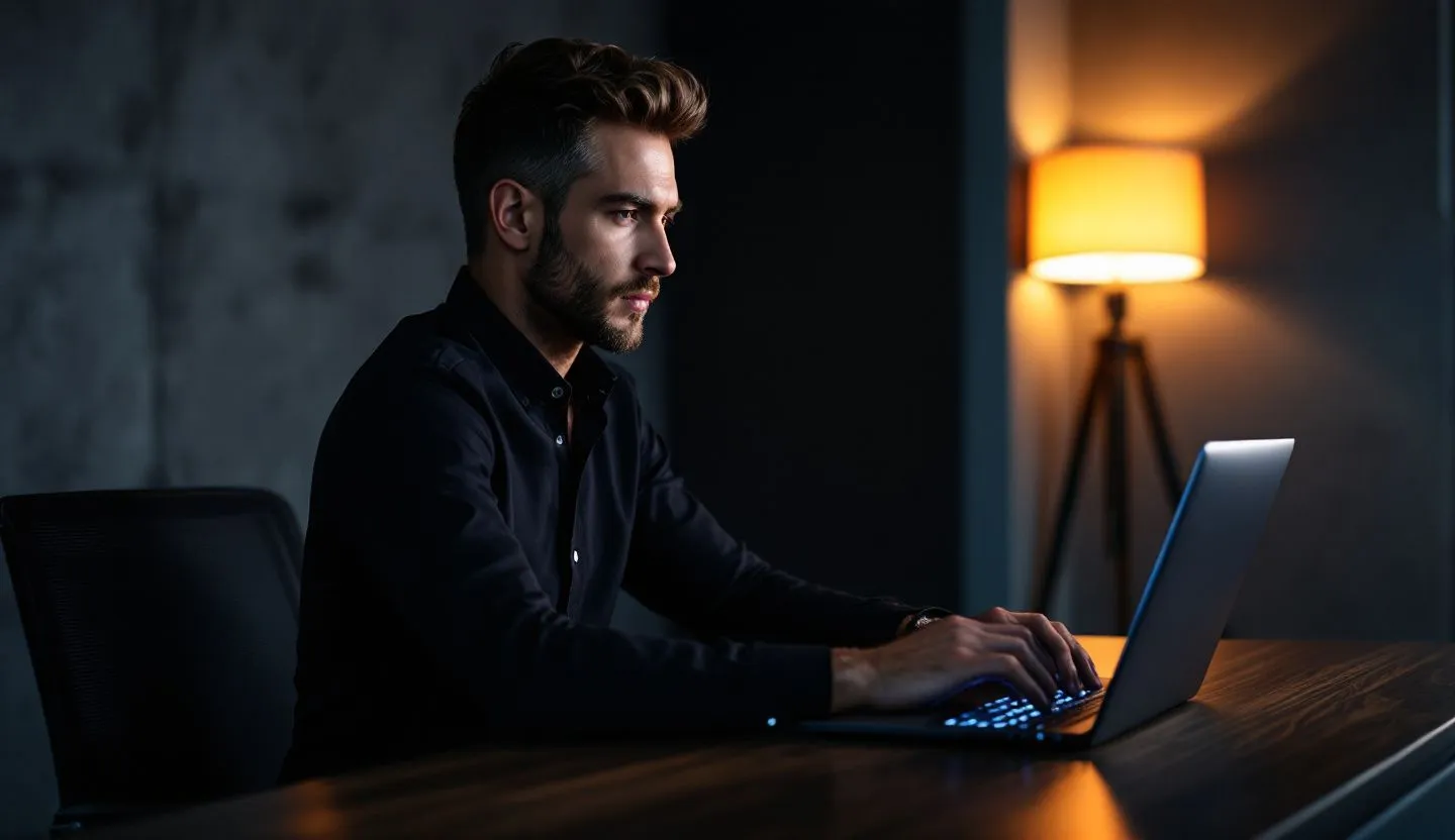 Over-the-shoulder or side-profile: editor previewing storyboard frames on a laptop angled away from the lens. Editorial photography, cinematic lighting in a modern professional workspace. Do not show split screens, clutter, text, UI elements, logos, graphs, or charts. Avoid cartoonish effects.