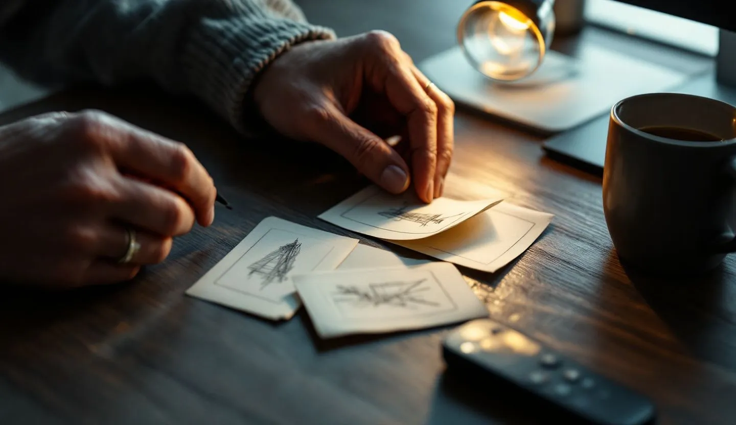 Close-up or macro detail: macro of hands arranging storyboard frame cards and a remote shutter. Editorial photography, cinematic lighting in a modern professional workspace. Do not show split screens, clutter, text, UI elements, logos, graphs, or charts. Avoid cartoonish effects.