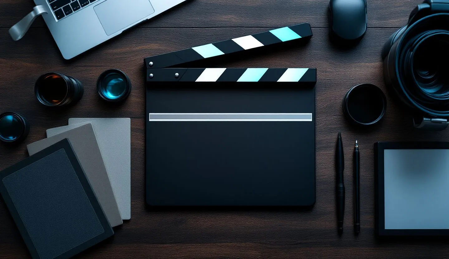 Overhead or angled tabletop composition: overhead of clapperboard without text, lens filters, and frame cards laid in sequence. Editorial photography, cinematic lighting in a modern professional workspace. Do not show split screens, clutter, text, UI elements, logos, graphs, or charts. Avoid cartoonish effects.