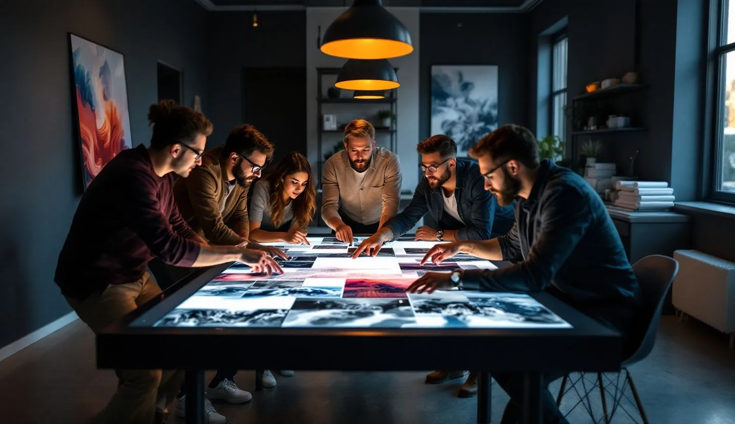 Wide or angled team perspective: team curating image mood boards with abstract photo tiles around a light table. Editorial photography, cinematic lighting in a modern professional workspace. Do not show split screens, clutter, text, UI elements, logos, graphs, or charts. Avoid cartoonish effects.