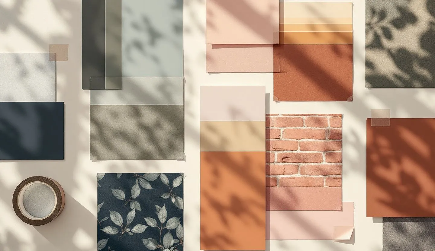 Overhead or angled tabletop composition: flat lay of gradient swatches, image tiles, and masking tape tabs in clean symmetry. Editorial photography, cinematic lighting in a modern professional workspace. Do not show split screens, clutter, text, UI elements, logos, graphs, or charts. Avoid cartoonish effects.