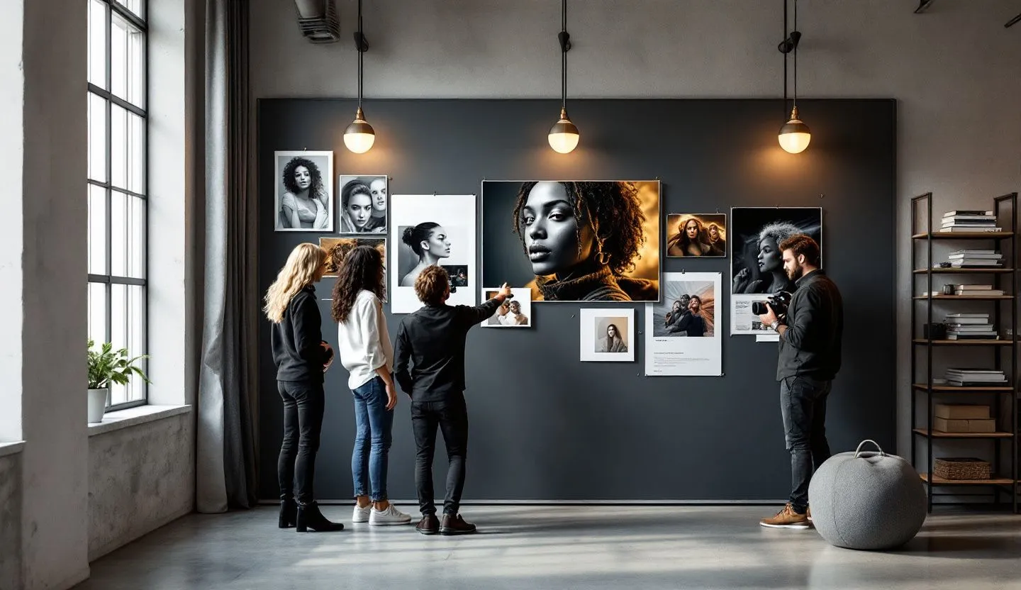 Wide or angled team perspective: brand team reviewing hero photography and layout prints pinned across a wall. Editorial photography, cinematic lighting in a modern professional workspace. Do not show split screens, clutter, text, UI elements, logos, graphs, or charts. Avoid cartoonish effects.