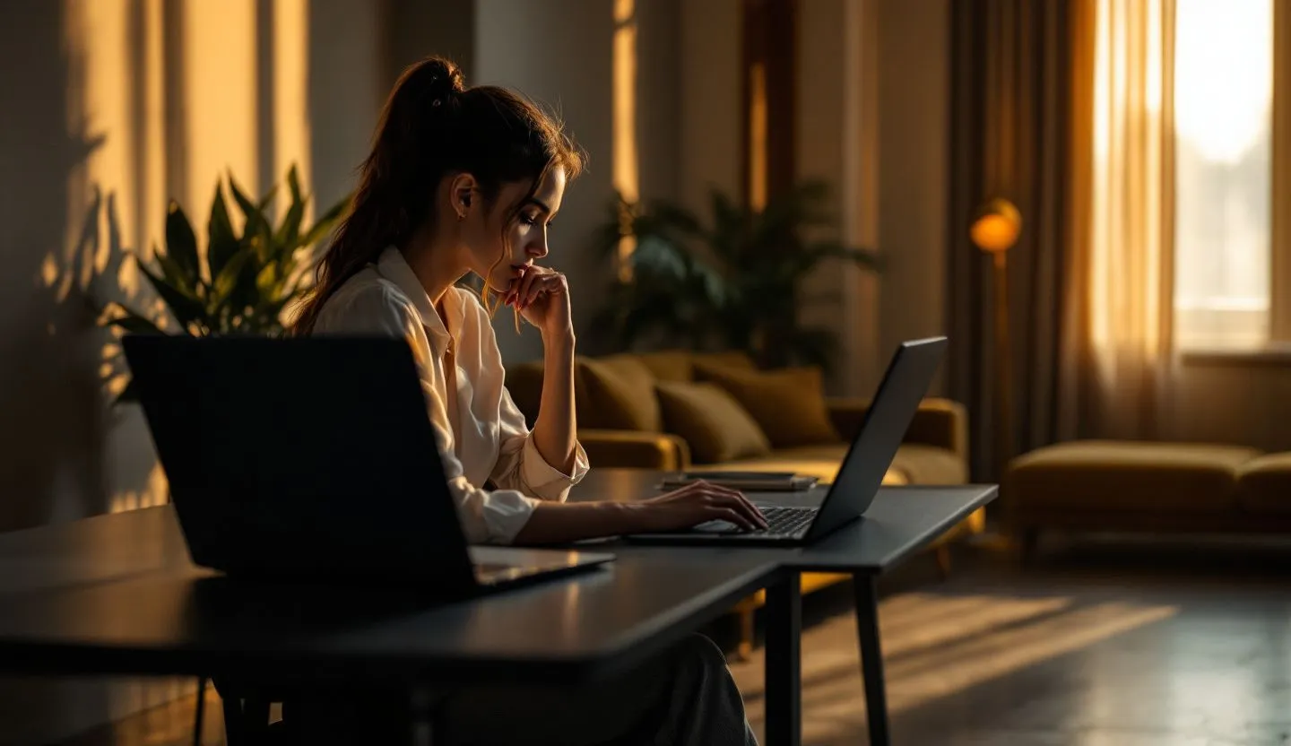 Over-the-shoulder or side-profile: designer comparing style tiles on a laptop angled away from the camera. Editorial photography, cinematic lighting in a modern professional workspace. Do not show split screens, clutter, text, UI elements, logos, graphs, or charts. Avoid cartoonish effects.
