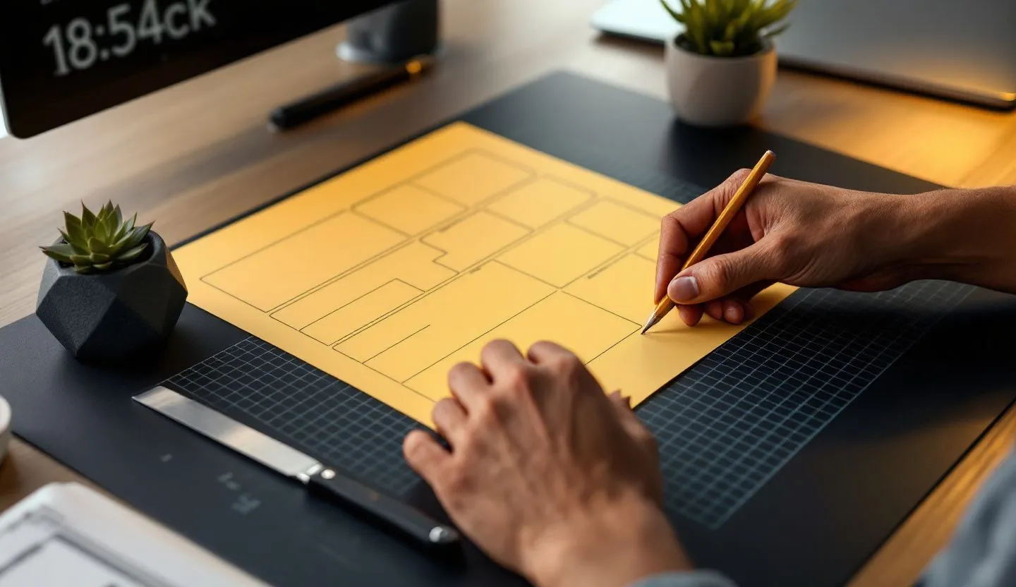 Close-up or macro detail: macro of hands evaluating paper mockups of page sections with grid cues. Editorial photography, cinematic lighting in a modern professional workspace. Do not show split screens, clutter, text, UI elements, logos, graphs, or charts. Avoid cartoonish effects.