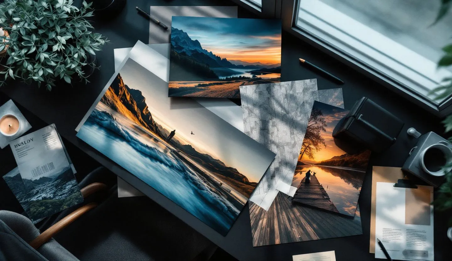 Overhead or angled tabletop composition: flat lay of hero image prints, spacing guides, and style tiles arranged with precision. Editorial photography, cinematic lighting in a modern professional workspace. Do not show split screens, clutter, text, UI elements, logos, graphs, or charts. Avoid cartoonish effects.