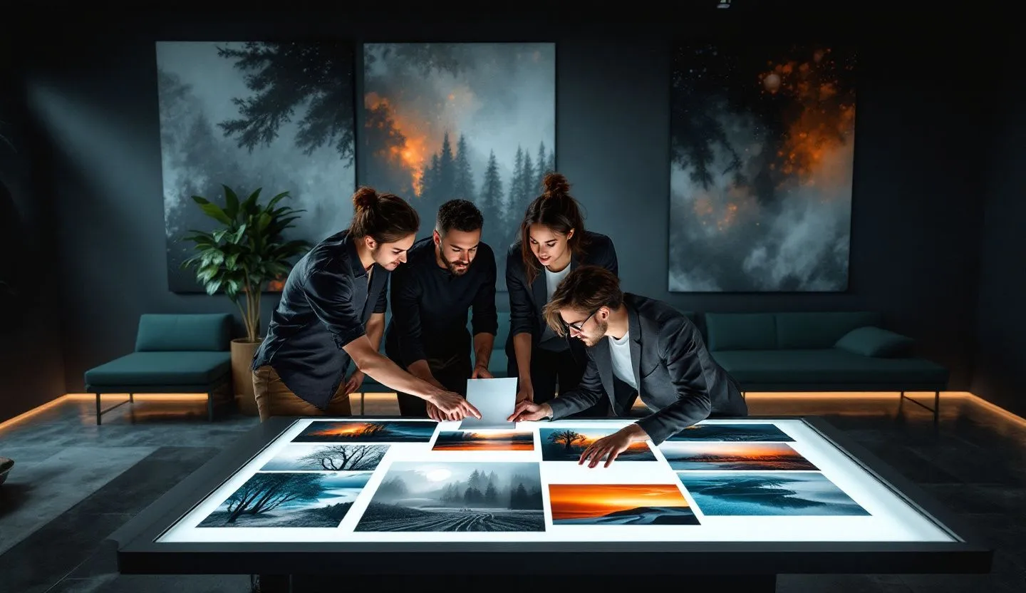 Wide or angled team perspective: team curating image mood boards with abstract photo tiles around a light table. Editorial photography, cinematic lighting in a modern professional workspace. Do not show split screens, clutter, text, UI elements, logos, graphs, or charts. Avoid cartoonish effects.