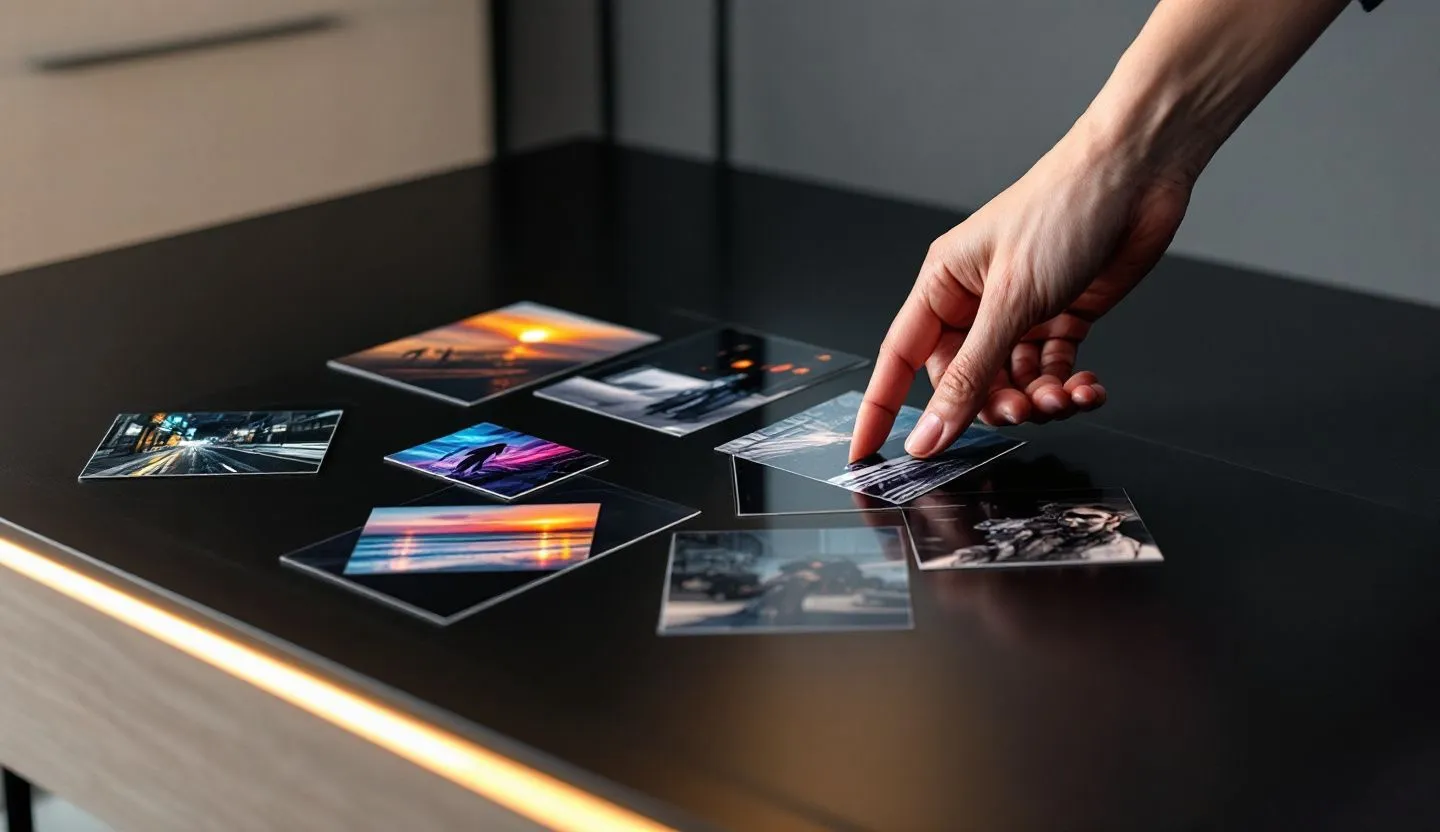 Close-up or macro detail: close-up of fingers sorting printed contact-sheet tiles with diverse imagery. Editorial photography, cinematic lighting in a modern professional workspace. Do not show split screens, clutter, text, UI elements, logos, graphs, or charts. Avoid cartoonish effects.