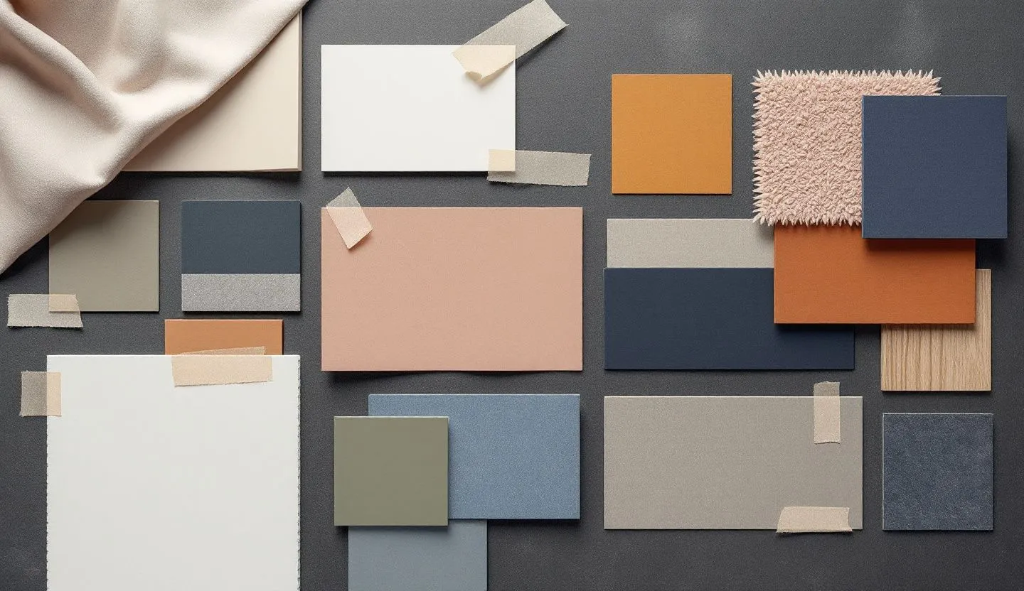 Overhead or angled tabletop composition: flat lay of gradient swatches, image tiles, and masking tape tabs in clean symmetry. Editorial photography, cinematic lighting in a modern professional workspace. Do not show split screens, clutter, text, UI elements, logos, graphs, or charts. Avoid cartoonish effects.