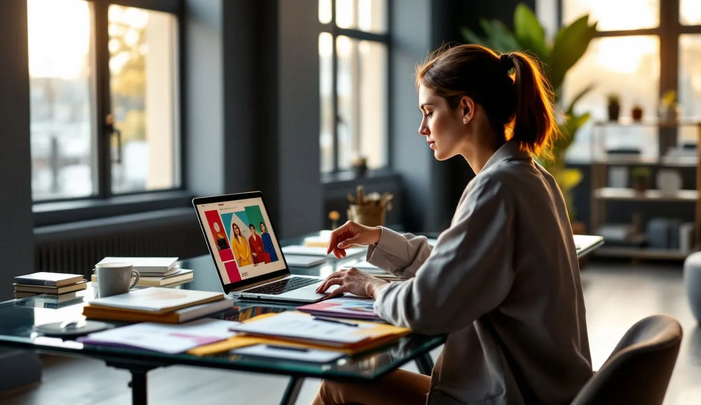Over-the-shoulder or side-profile: brand manager referencing a laptop while sorting printed asset cards into folders. Editorial photography, cinematic lighting in a modern professional workspace. Do not show split screens, clutter, text, UI elements, logos, graphs, or charts. Avoid cartoonish effects.