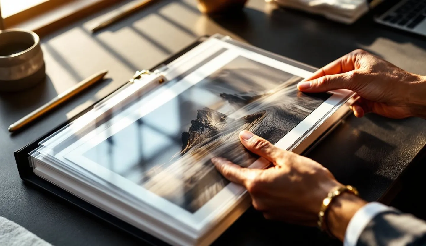 Close-up or macro detail: hands placing image tiles into a binder with clean dividers. Editorial photography, cinematic lighting in a modern professional workspace. Do not show split screens, clutter, text, UI elements, logos, graphs, or charts. Avoid cartoonish effects.