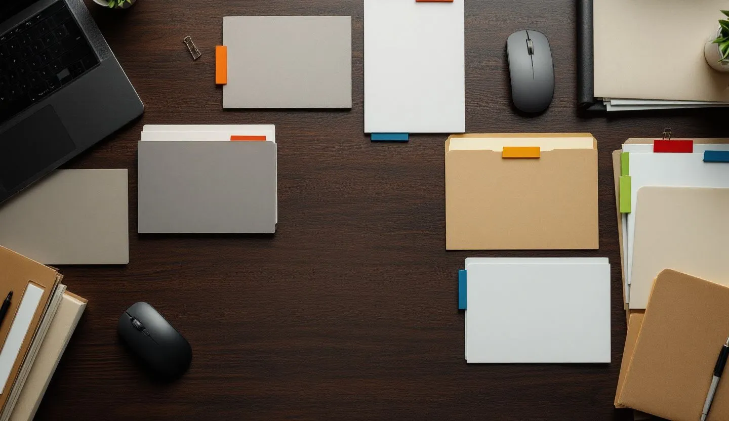 Overhead or angled tabletop composition: flat lay of asset category cards, blank folders, and color-coded tabs arranged methodically. Editorial photography, cinematic lighting in a modern professional workspace. Do not show split screens, clutter, text, UI elements, logos, graphs, or charts. Avoid cartoonish effects.