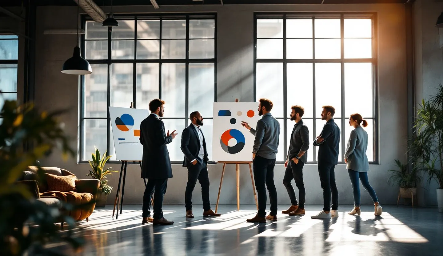Wide or angled team perspective: marketing team selecting from abstract geometric mark studies pinned on boards. Editorial photography, cinematic lighting in a modern professional workspace. Do not show split screens, clutter, text, UI elements, logos, graphs, or charts. Avoid cartoonish effects.