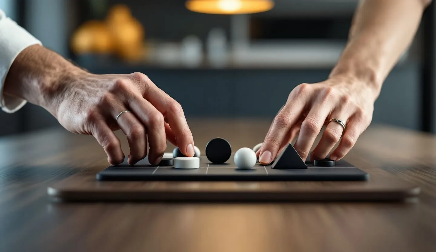 Close-up or macro detail: macro of hands arranging black-and-white shape tokens on a grid board. Editorial photography, cinematic lighting in a modern professional workspace. Do not show split screens, clutter, text, UI elements, logos, graphs, or charts. Avoid cartoonish effects.