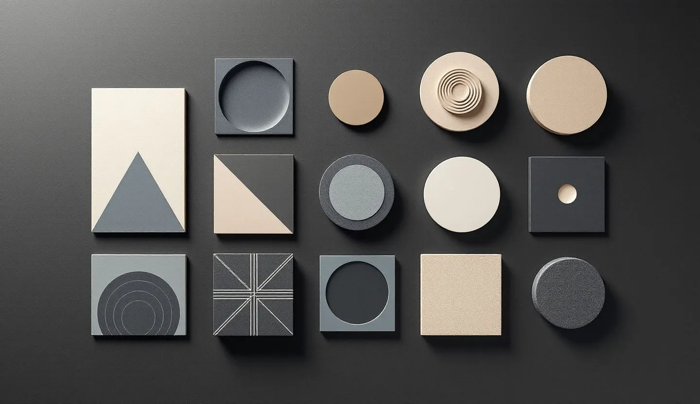 Overhead or angled tabletop composition: top-down of geometric symbol tiles and circle/square cutouts balanced in a minimal grid. Editorial photography, cinematic lighting in a modern professional workspace. Do not show split screens, clutter, text, UI elements, logos, graphs, or charts. Avoid cartoonish effects.