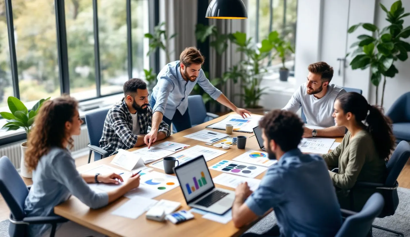 A team of designers and marketers collaborating to develop audience-specific website elements.