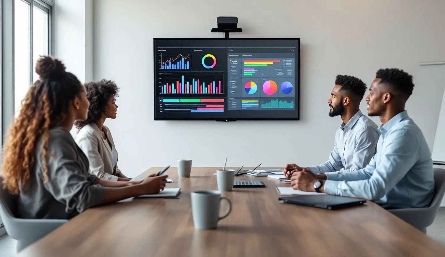 A small team of marketers looking at a large screen with charts and campaign results in a meeting room.