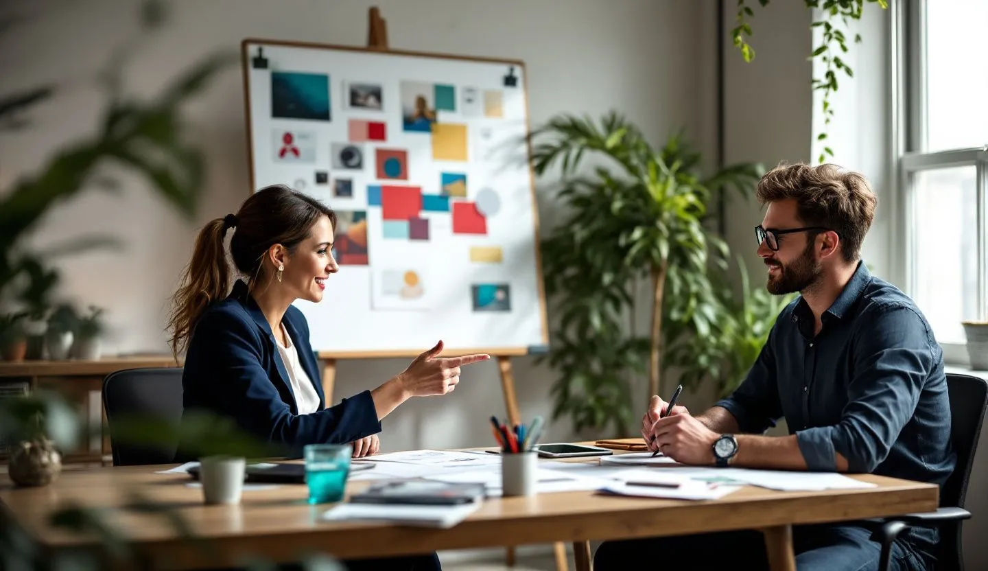 A business owner working with a designer to incorporate storytelling in their brand.
