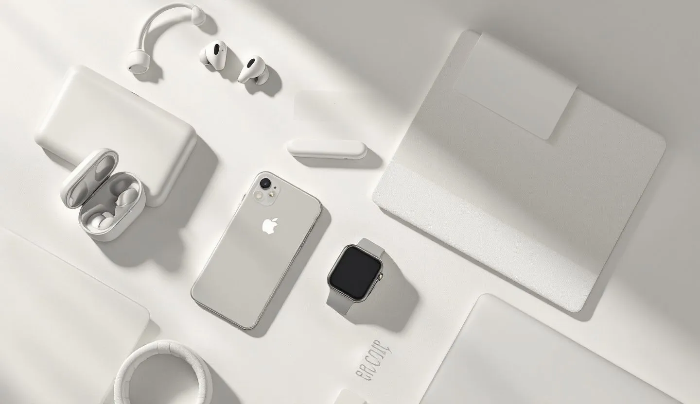 An artistic collage of different products from the same brand, all sharing common design themes. Style realistic and minimalistic