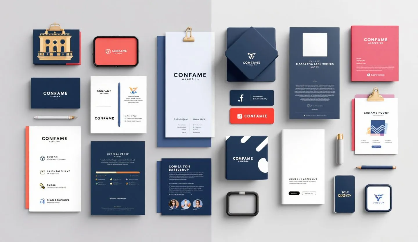 A split image comparing a cohesive, branded marketing material set to a disorganized, inconsistent one. Style realistic and minimalistic