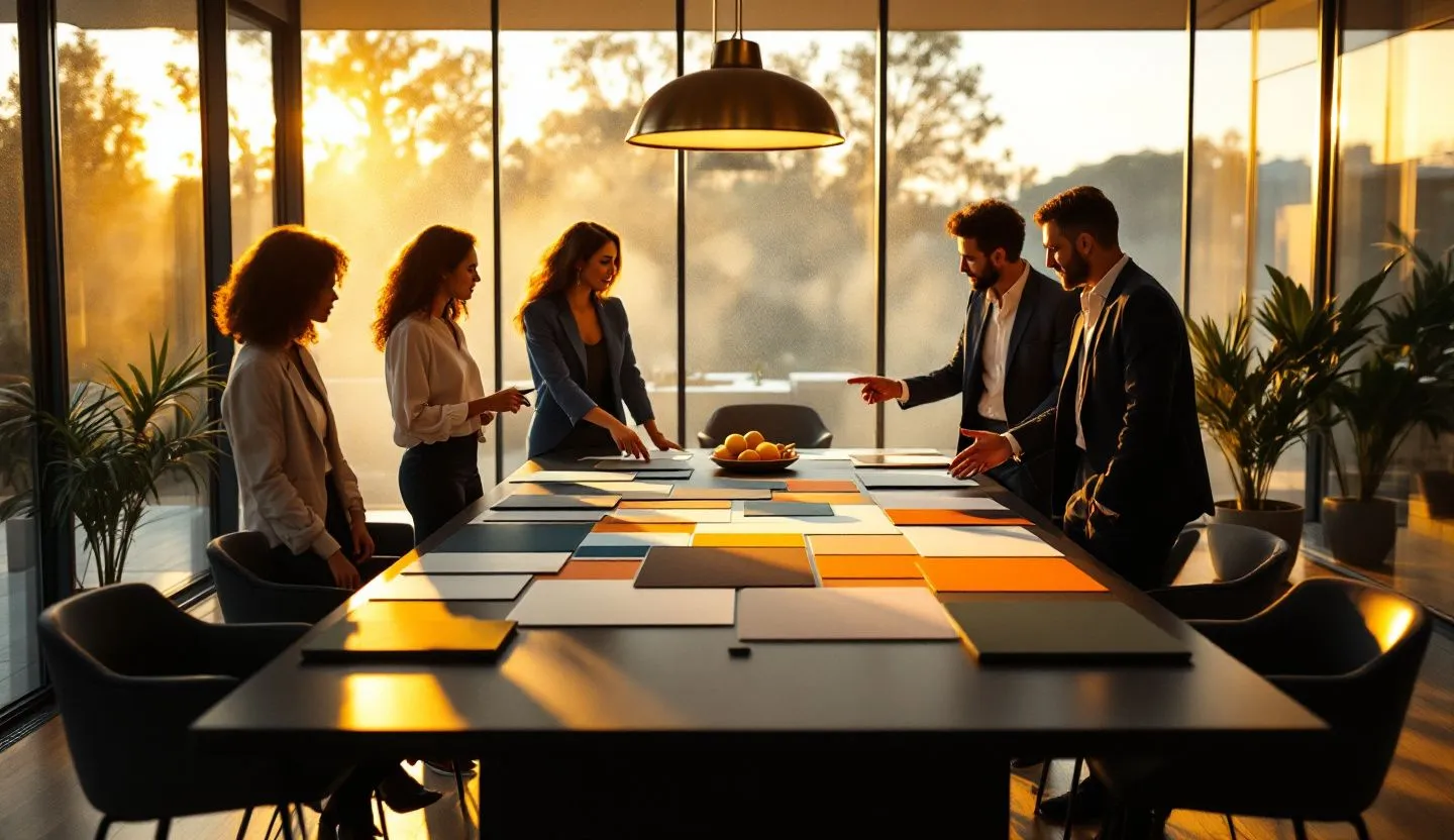 Wide or angled team perspective: team reviewing unified style tiles and color swatch boards in a glass-walled office. Editorial photography, cinematic lighting in a modern professional workspace. Do not show split screens, clutter, text, UI elements, logos, graphs, or charts. Avoid cartoonish effects.