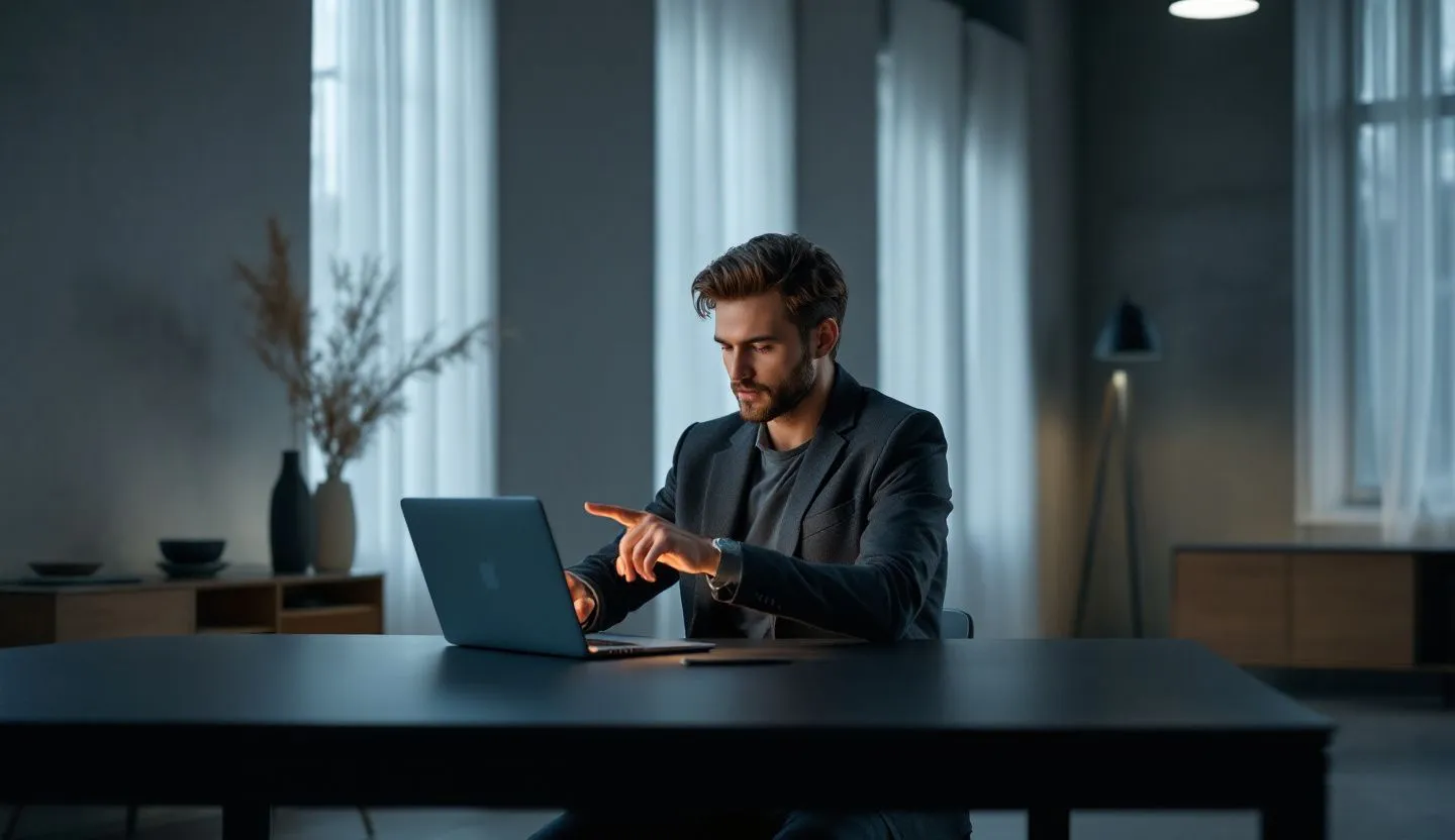 Over-the-shoulder or side-profile: designer gesturing to clean, abstract layout blocks on a laptop kept mostly out of frame. Editorial photography, cinematic lighting in a modern professional workspace. Do not show split screens, clutter, text, UI elements, logos, graphs, or charts. Avoid cartoonish effects.
