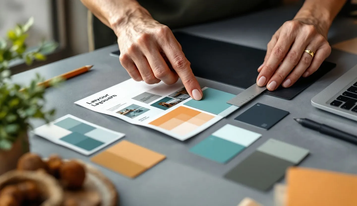 Close-up or macro detail: hands aligning printed layout cards and color chips with precise edges. Editorial photography, cinematic lighting in a modern professional workspace. Do not show split screens, clutter, text, UI elements, logos, graphs, or charts. Avoid cartoonish effects.