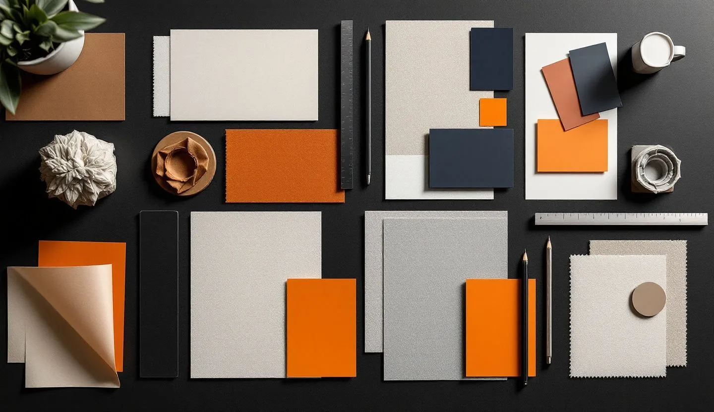 Overhead or angled tabletop composition: flat lay of style tiles, color cards, and paper mockups arranged in a tidy grid. Editorial photography, cinematic lighting in a modern professional workspace. Do not show split screens, clutter, text, UI elements, logos, graphs, or charts. Avoid cartoonish effects.