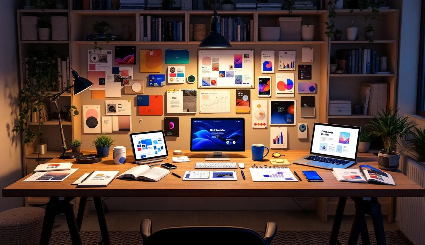 Workspace with moodboards and devices glowing with template previews