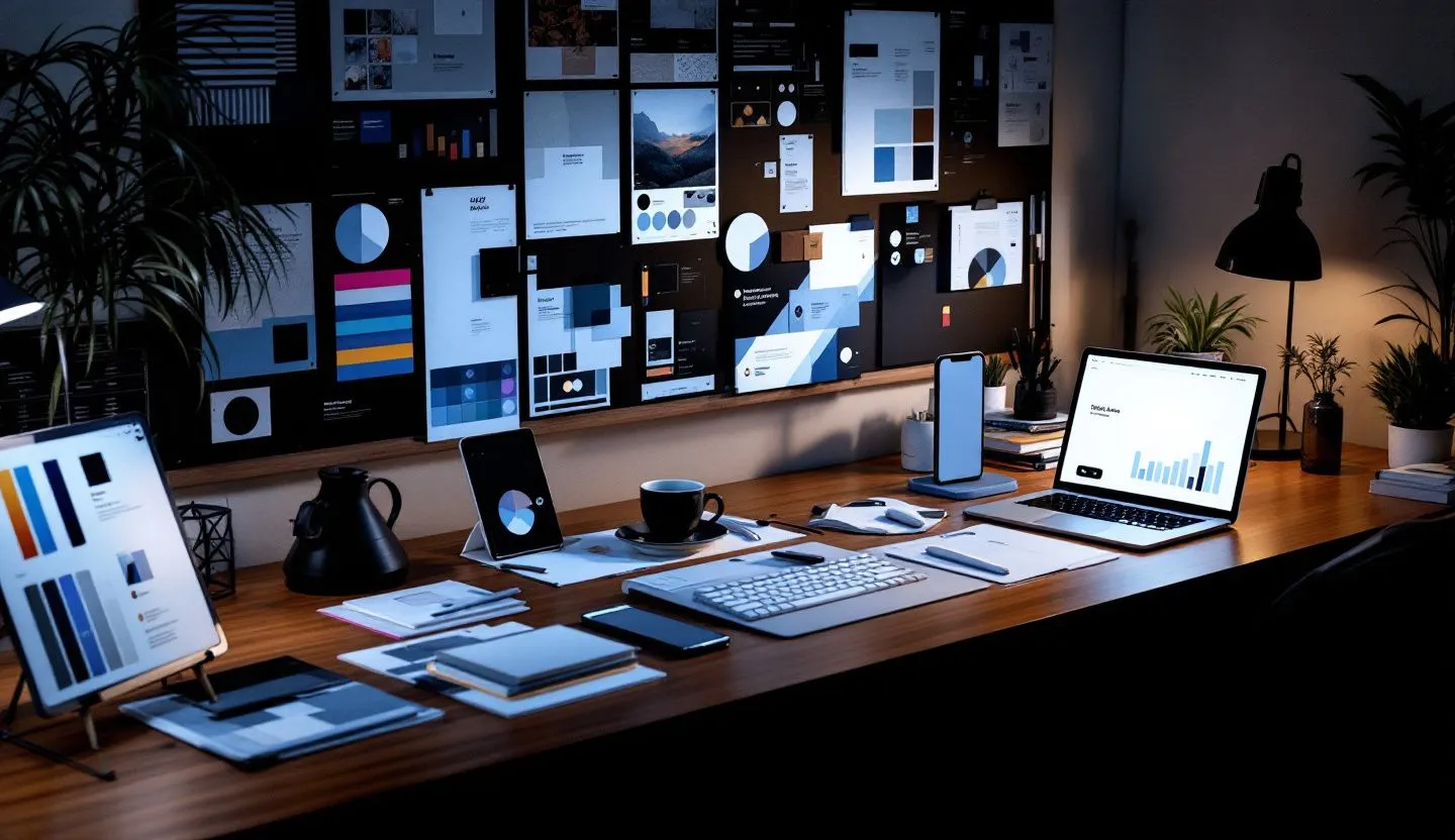 Workspace with moodboards and devices glowing with template previews