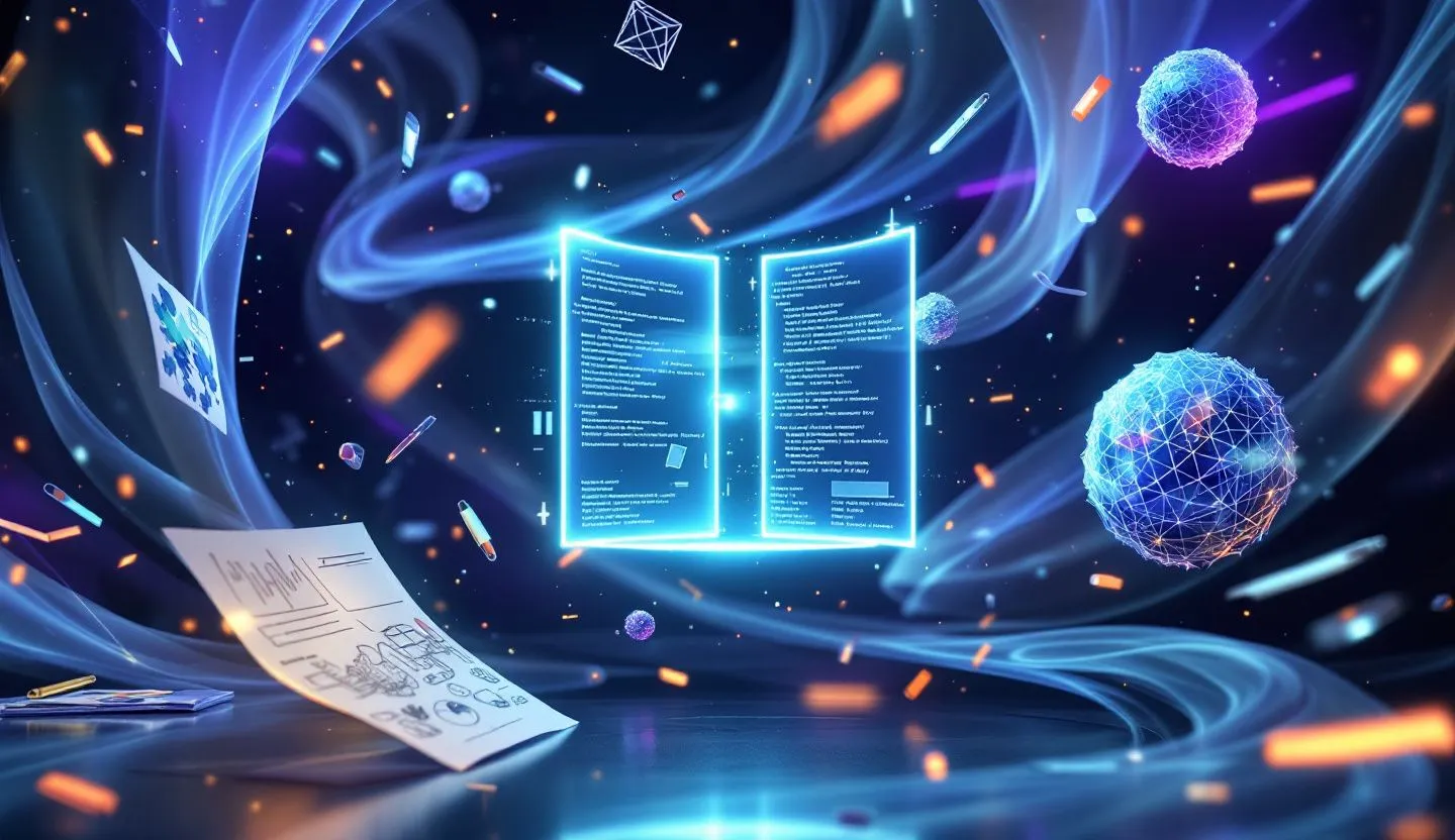 Futuristic concept of a flow of creative materials forming around a glowing template
