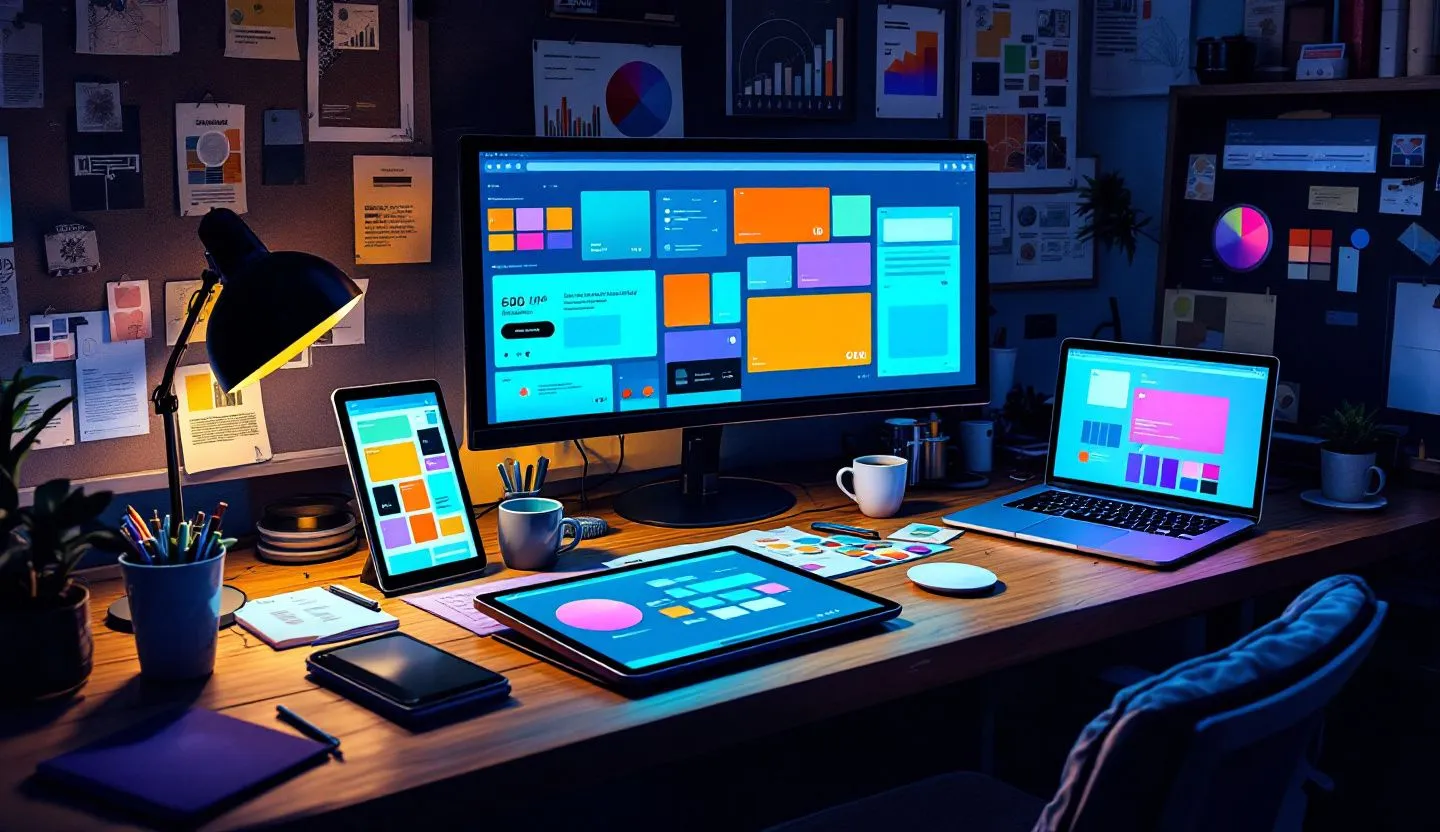 Workspace with moodboards and devices glowing with template previews