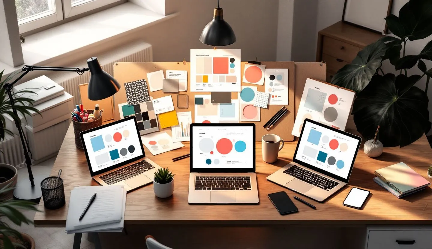 Workspace with moodboards and devices glowing with template previews
