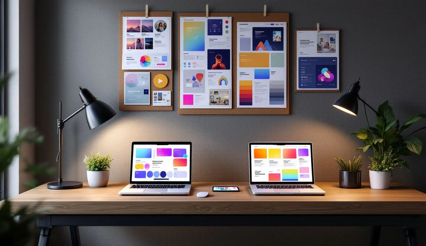Workspace with moodboards and devices glowing with template previews