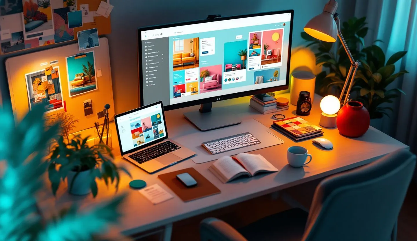 Workspace with moodboards and devices glowing with template previews