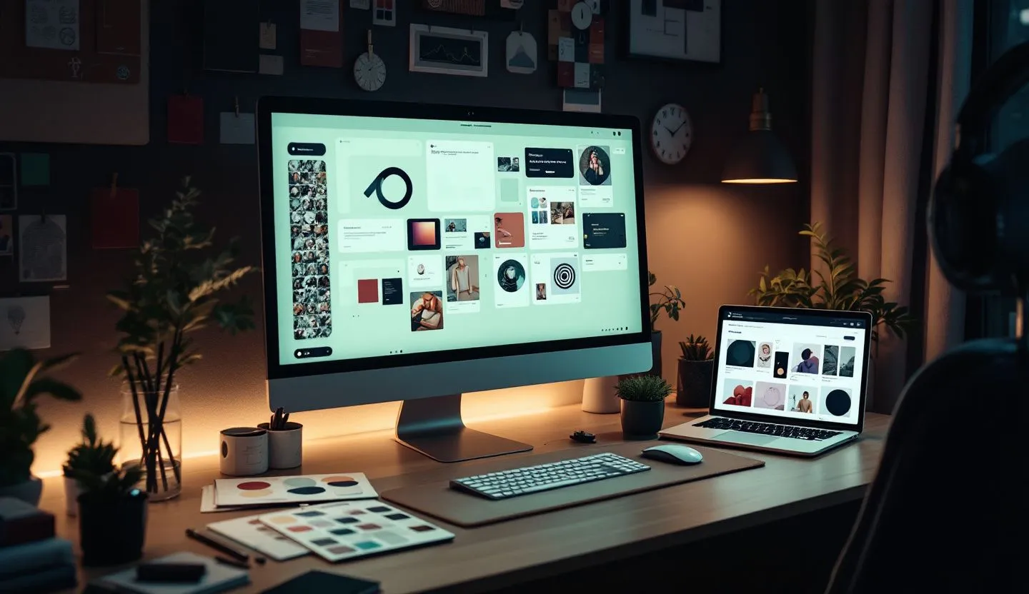 Workspace with moodboards and devices glowing with template previews