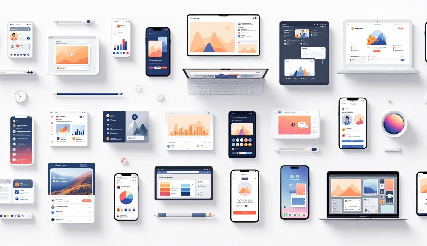Clean digital art of multiple screens and assets aligning seamlessly in a creative grid
