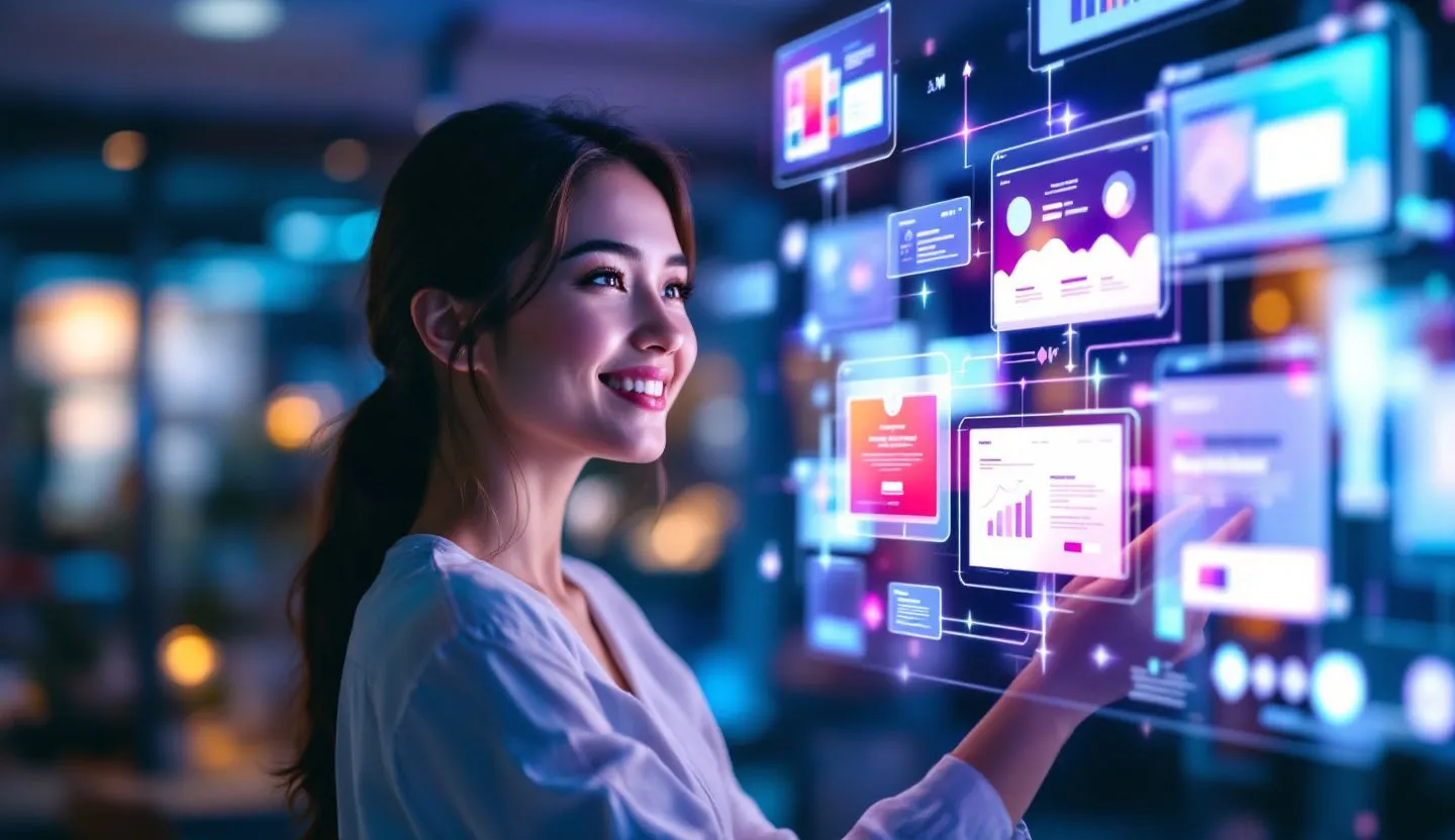 Person smiling while selecting marketing templates on a digital screen (glow, abstract)